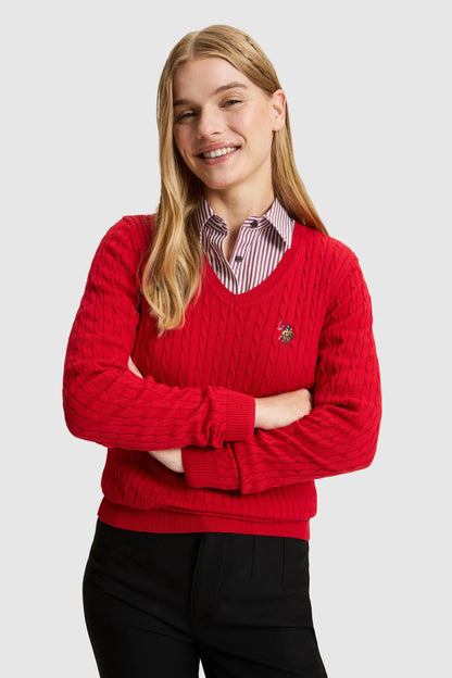U.S. Polo Assn. Basic Red Women Red Cable Knit Crew Neck Pullover SKU: G082SZ0TK0 PU-14846_VR171 Image 03