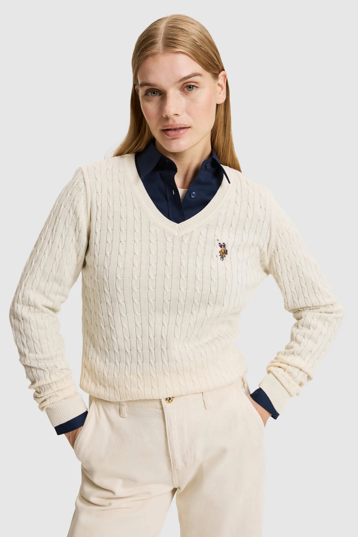 U.S. Polo Assn. Ivory Women Ivory Cable Knit V Neck Pullover SKU: G082SZ0TK0 PU-14846_VR265 Image 01