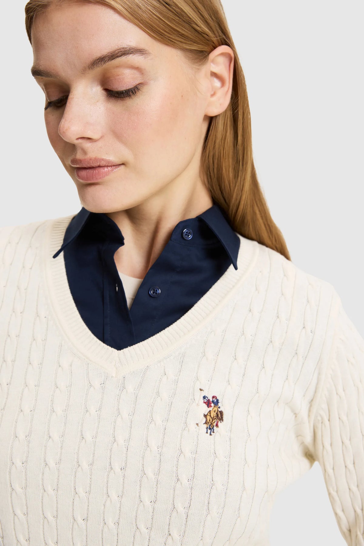 U.S. Polo Assn. Ivory Women Ivory Cable Knit V Neck Pullover SKU: G082SZ0TK0 PU-14846_VR265 Image 02