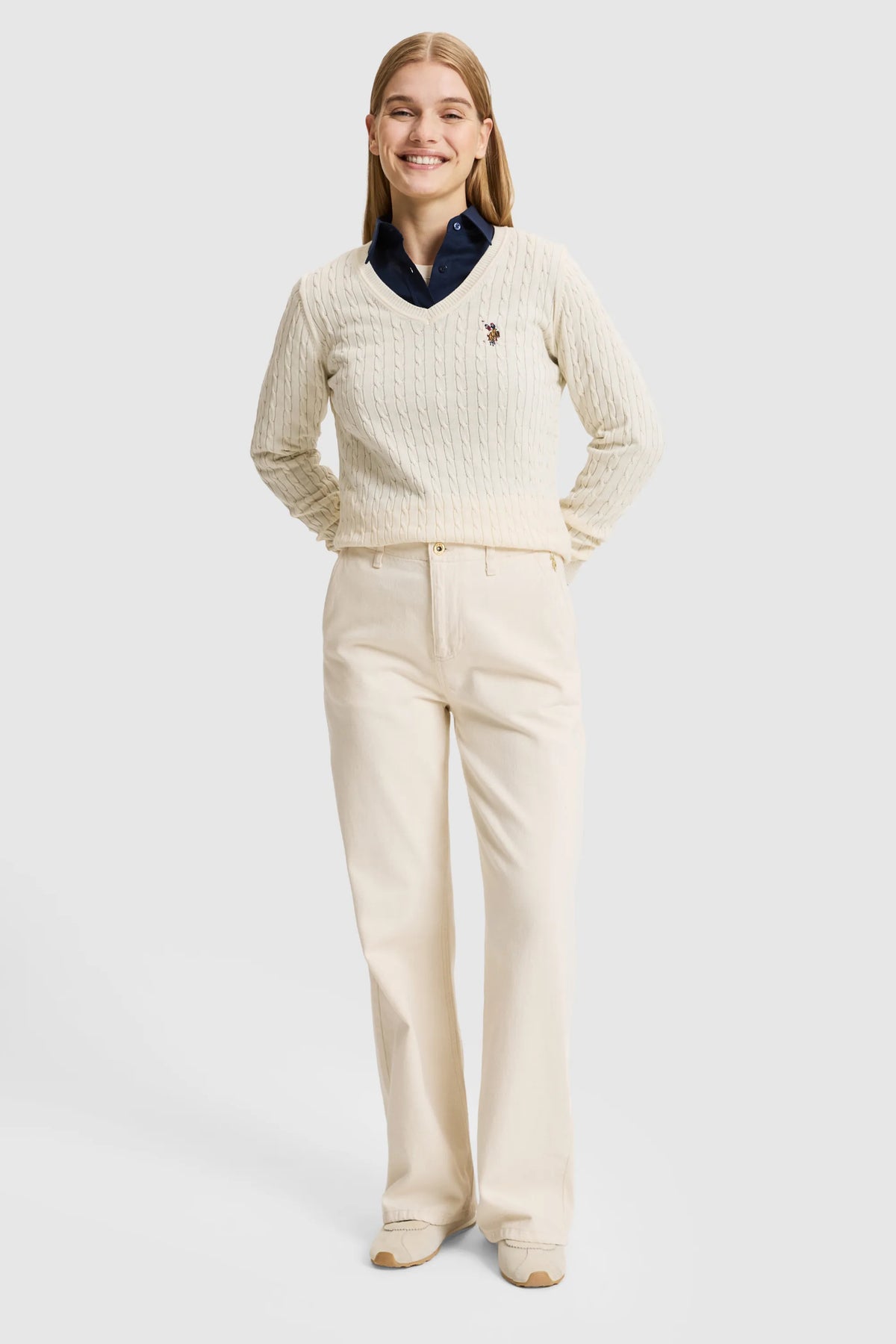 U.S. Polo Assn. Ivory Women Ivory Cable Knit V Neck Pullover SKU: G082SZ0TK0 PU-14846_VR265 Image 04