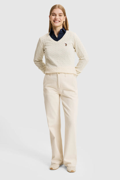 U.S. Polo Assn. Ivory Women Ivory Cable Knit V Neck Pullover SKU: G082SZ0TK0 PU-14846_VR265 Image 04