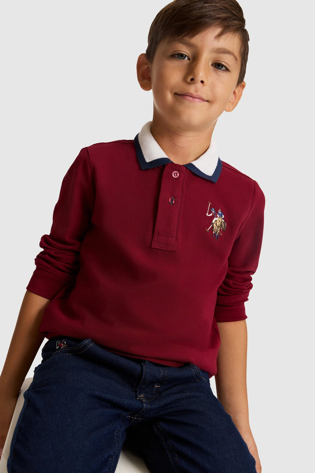 U.S. Polo Assn. Bordeaux Boys Bordeaux Long Sleeve Contrast Collar Rugby Polo Shirt SKU: G083SZ0820 PU-13177_VR014 Image 01