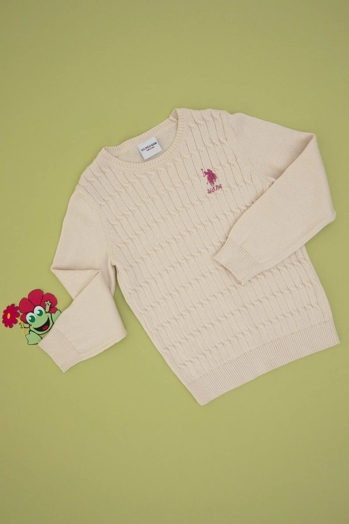 U.S. Polo Assn. Cream Girls Cream Cable Knit Crew Neck Pullover SKU: G084SZ0TK0 1921381_VR071 Image 01