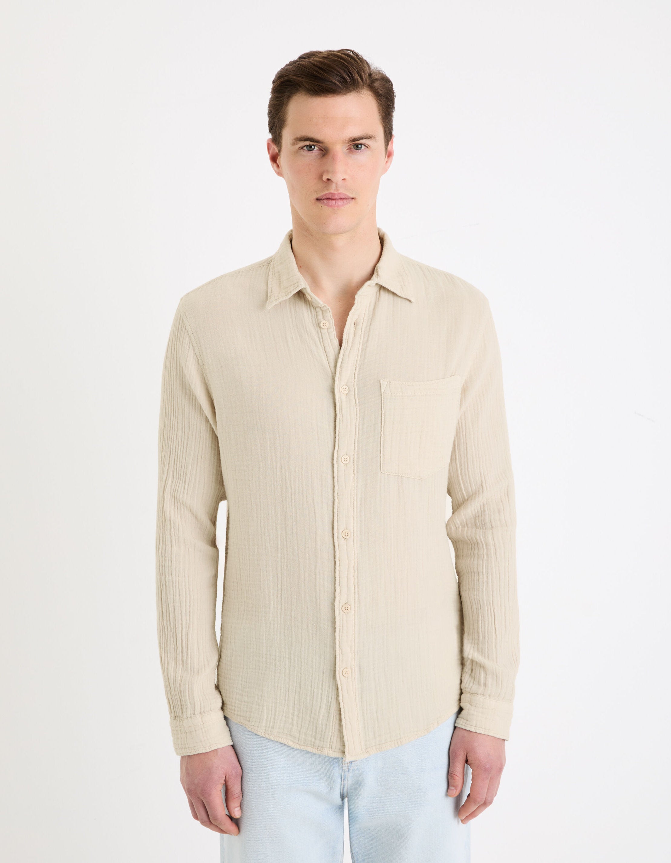 Regular Plain Cotton Gauze Shirt_GAGAZCO_BEIGE_03
