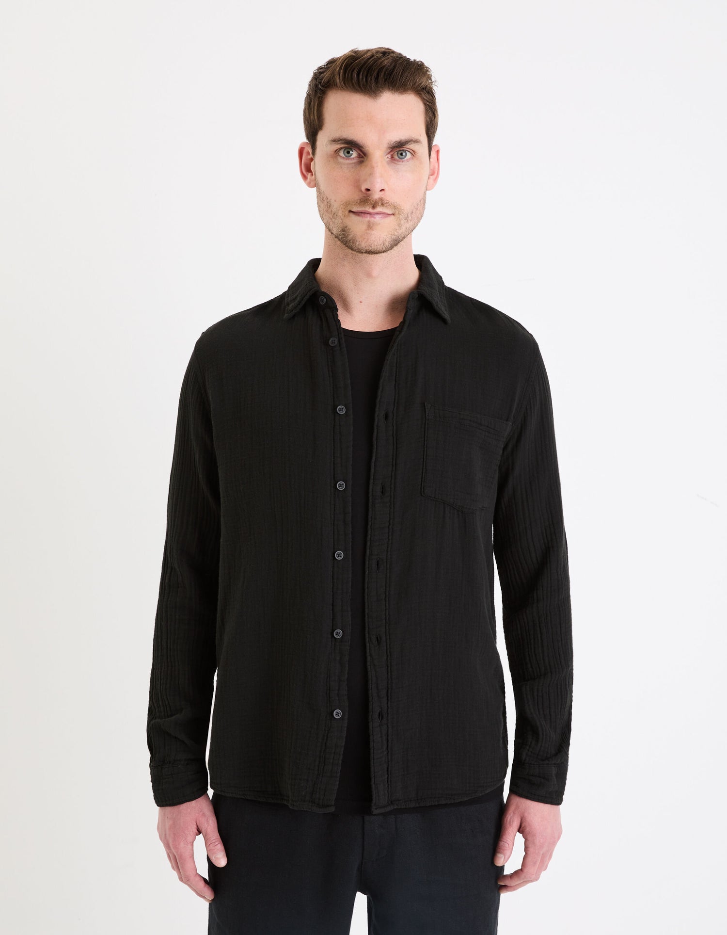 Regular Plain Cotton Gauze Shirt_GAGAZCO_BLACK_03