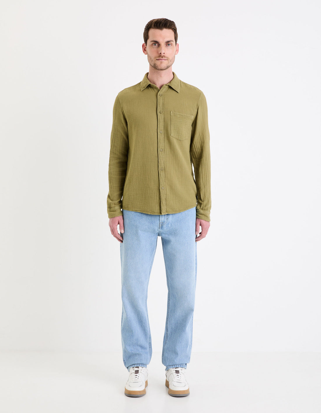 Regular Plain Cotton Gauze Shirt_GAGAZCO_KAKI_02