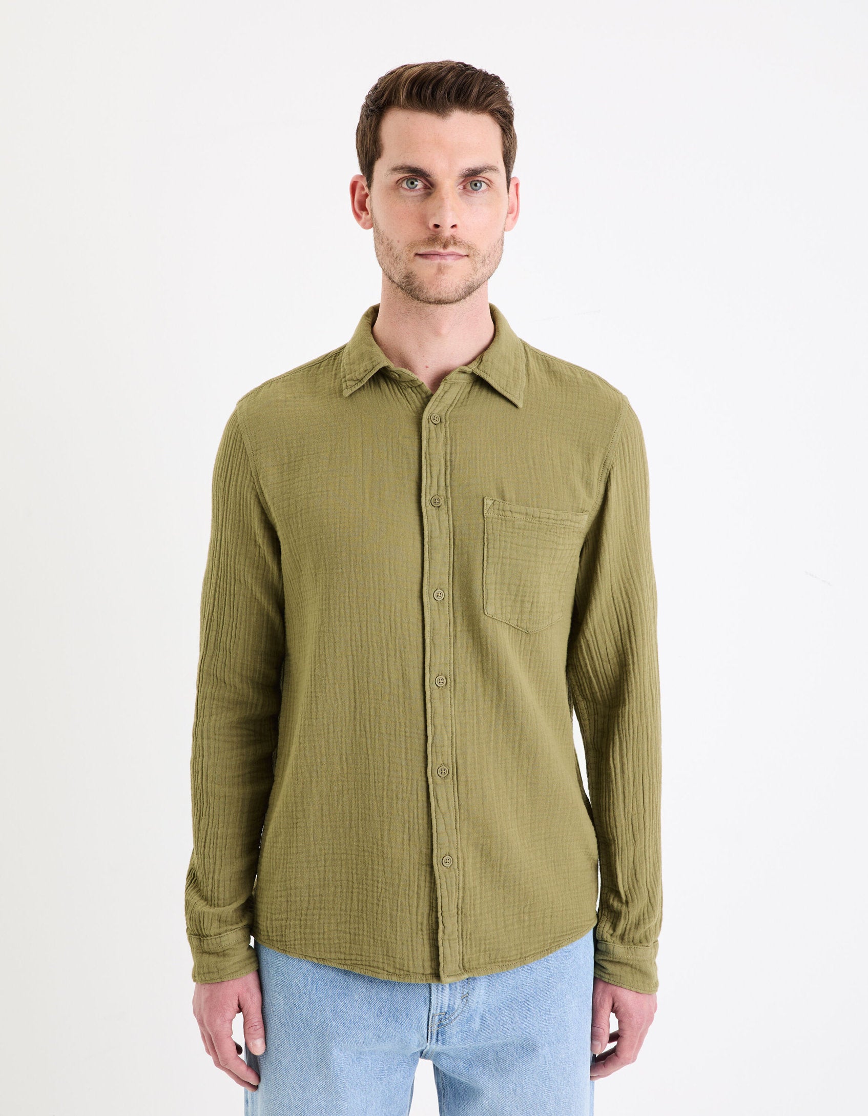 Regular Plain Cotton Gauze Shirt_GAGAZCO_KAKI_03