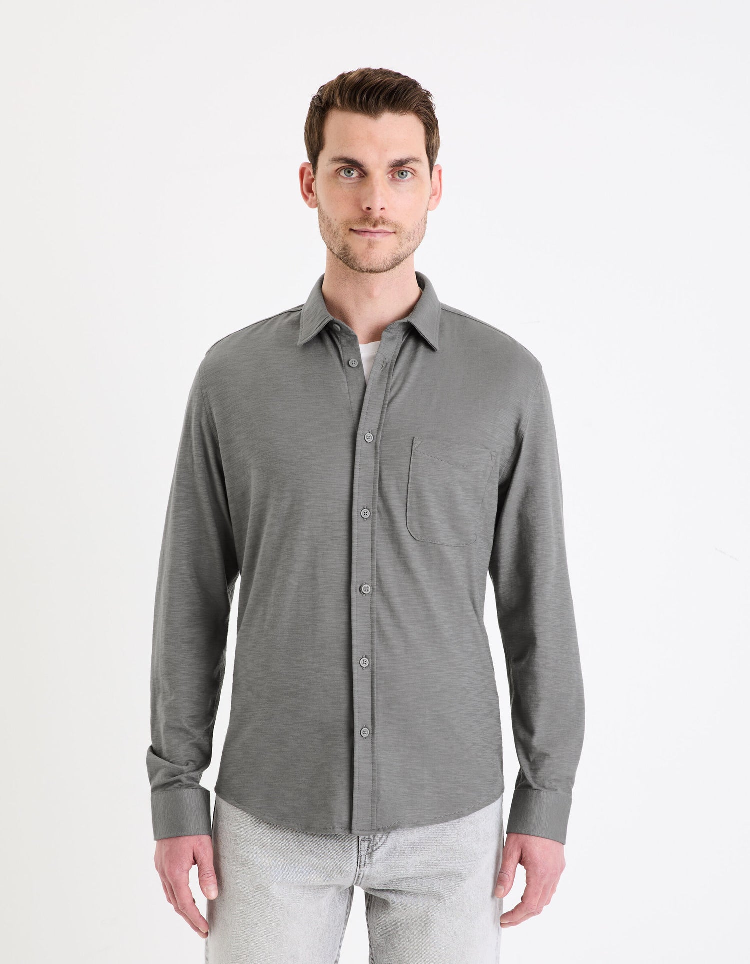 Regular Plain Knit Shirt_GASELLE_GREY_03