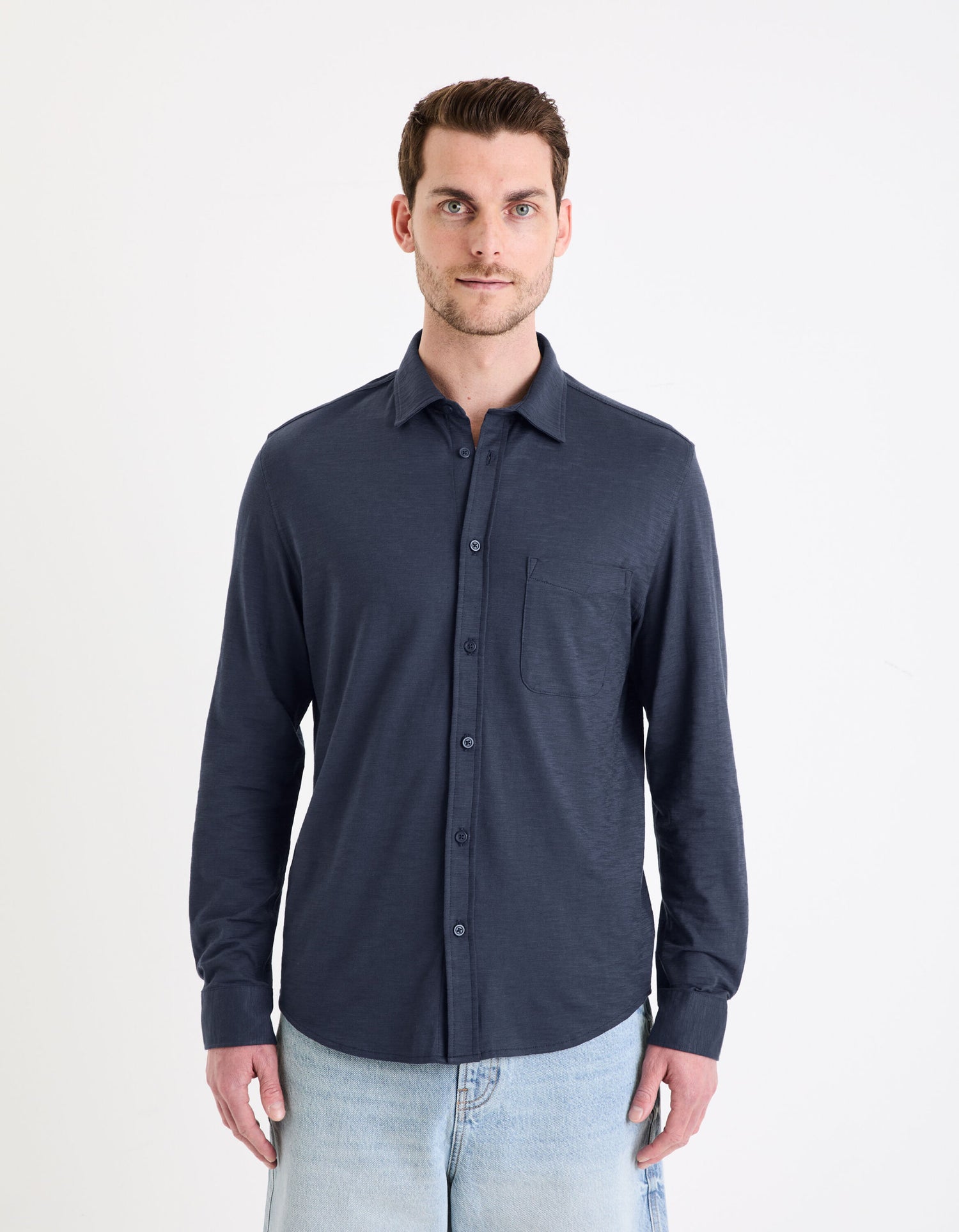 Regular Plain Knit Shirt_GASELLE_NAVY_03