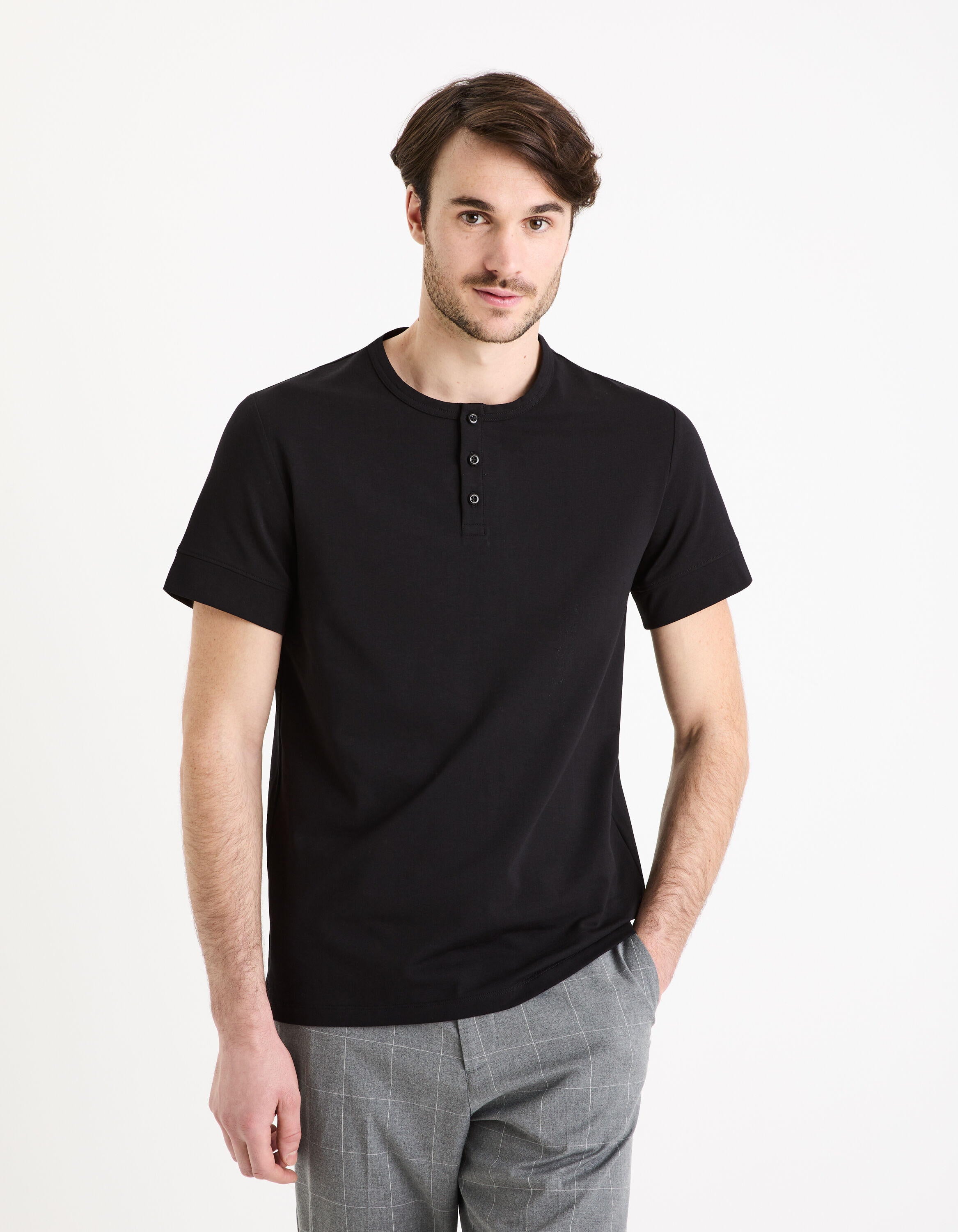 Straight Stretch Cotton Henley Collar T-Shirt_GELEY_BLACK_03