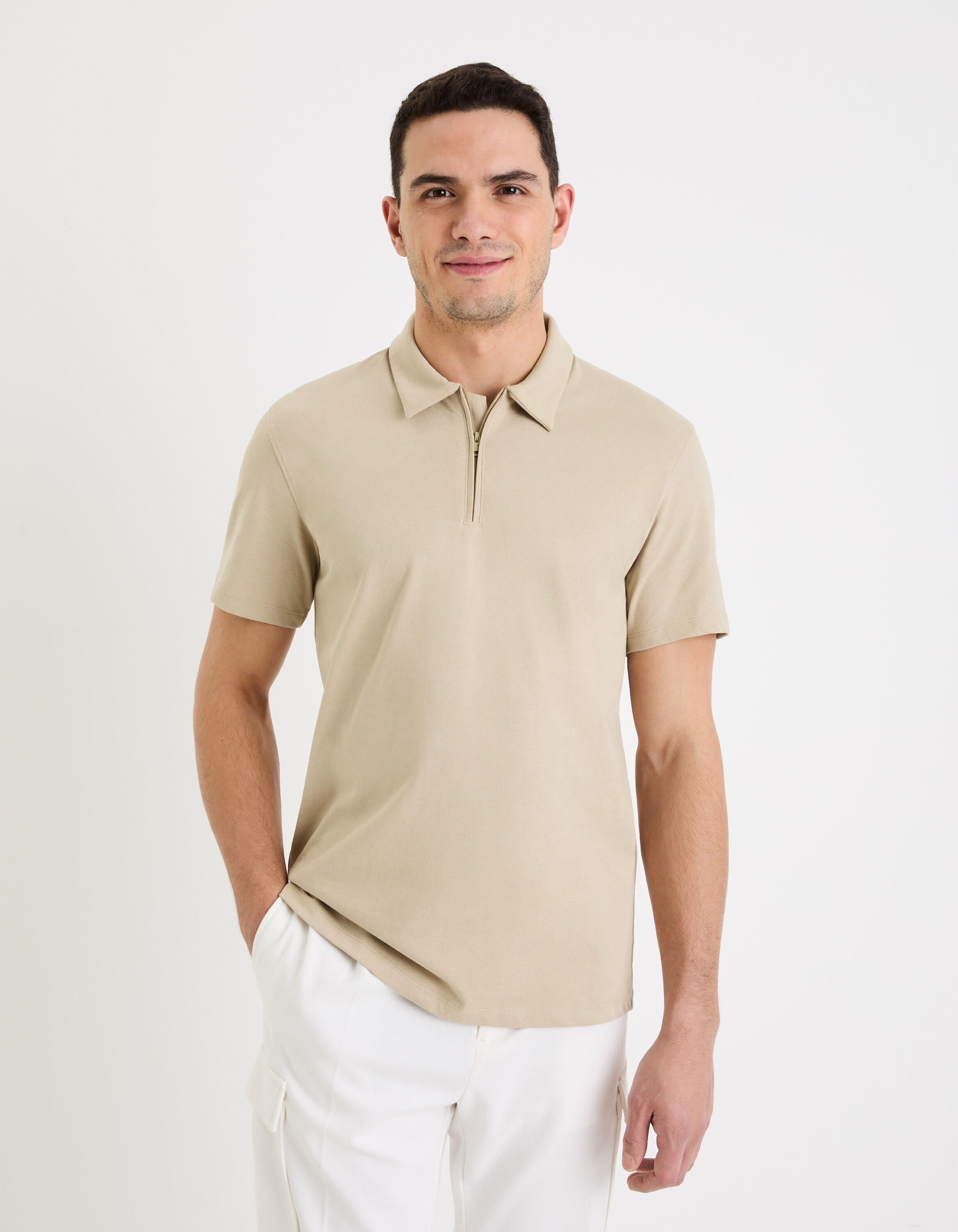 Cotton Blend Jersey Polo Shirt_GEREGUL_LIGHT TAUPE_03