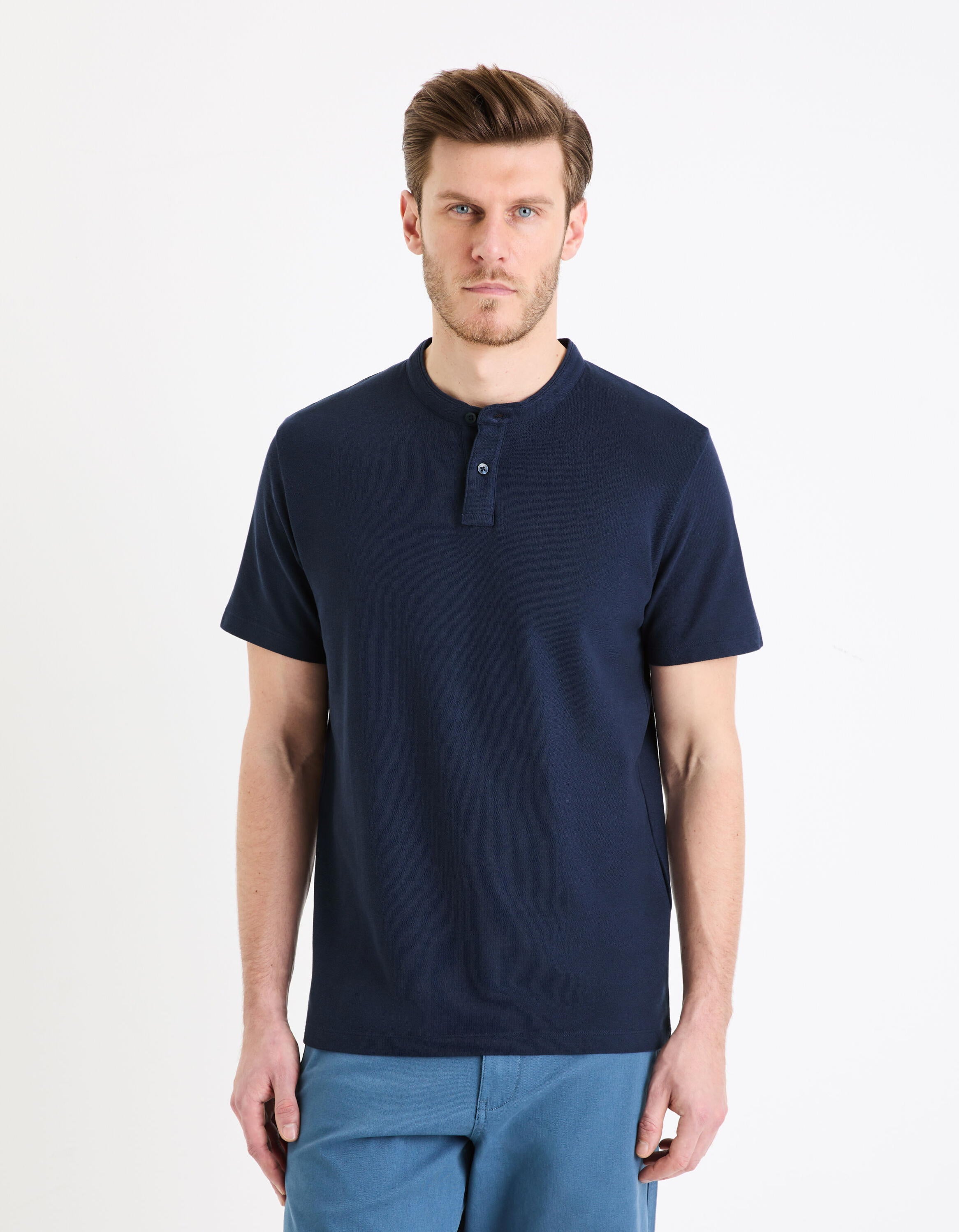 Cotton Polo Shirt With Mandarin Collar_GESOHEL_NAVY_03