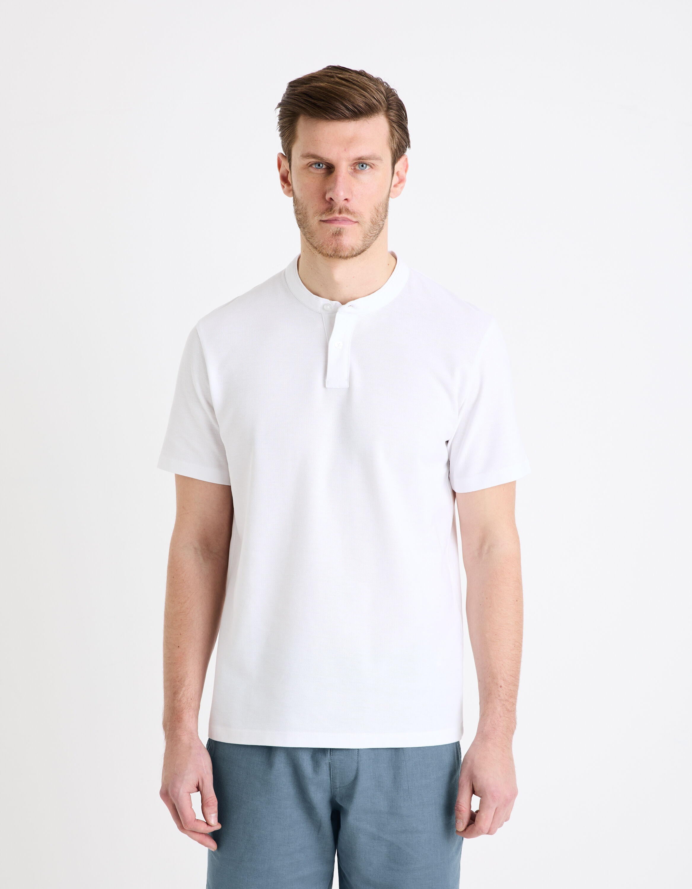 Cotton Polo Shirt With Mandarin Collar_GESOHEL_OPTICAL WHITE_03
