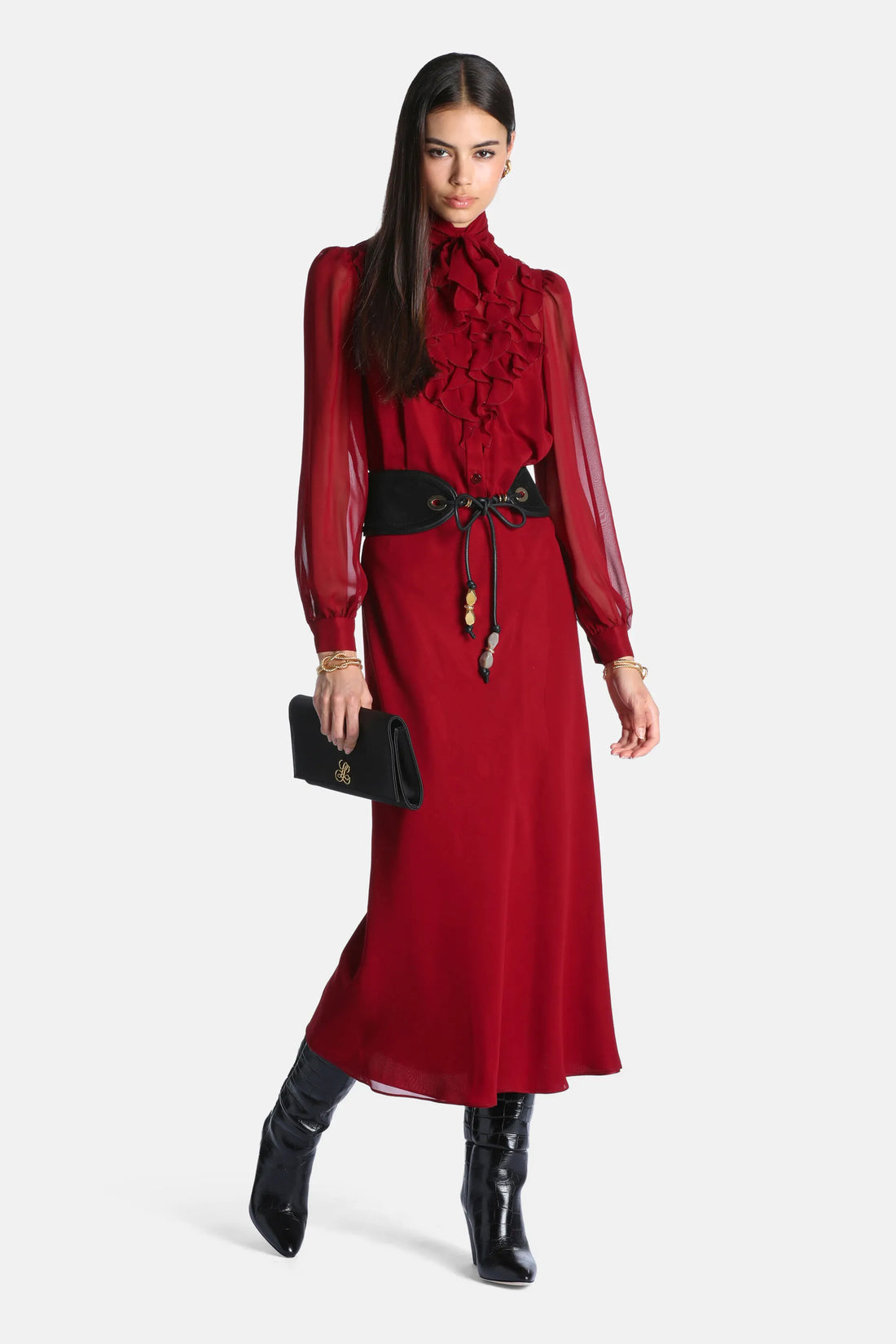 Luisa Spagnoli Bordeaux Women Gessica - Elegant Silk Midi Dress SKU: GESSICA_2417 Image 01