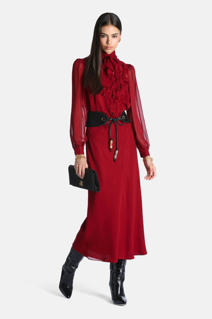 Luisa Spagnoli Bordeaux Women Gessica - Elegant Silk Midi Dress SKU: GESSICA_2417 Image 01