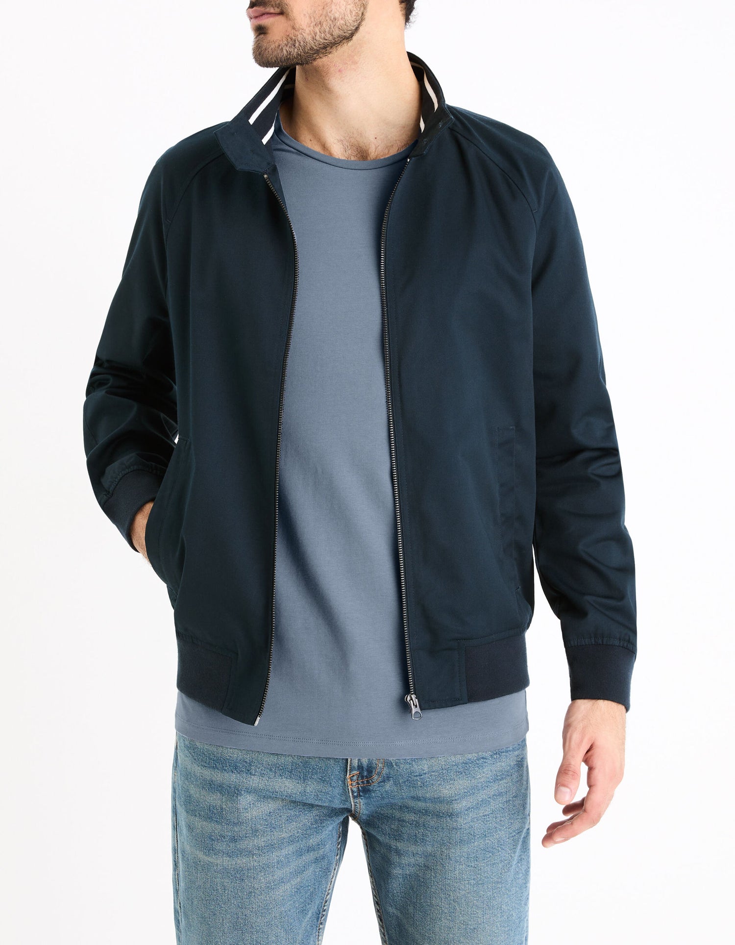 Buttoned Stand-Up Collar Jacket - Navy_02