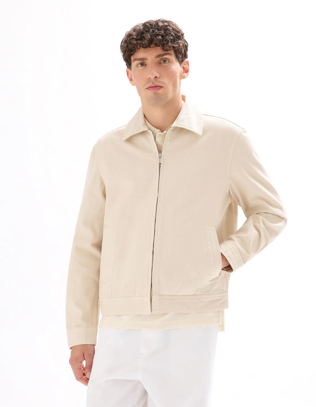 Celio_Ecru_100% Cotton Zipped Jacket with Shirt Collar_GUDEAN_ECRU_01