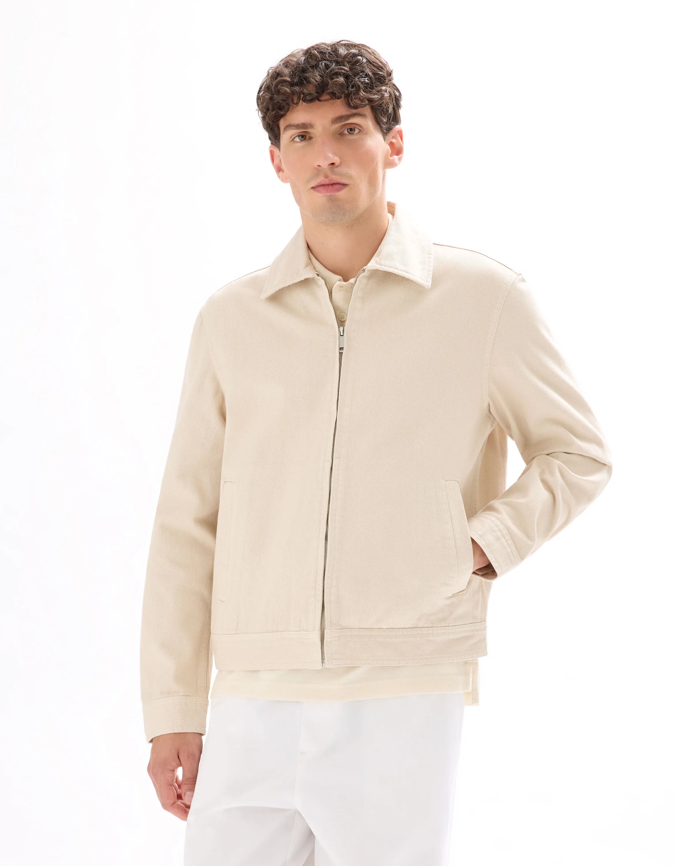 Celio_Ecru_100% Cotton Zipped Jacket with Shirt Collar_GUDEAN_ECRU_01