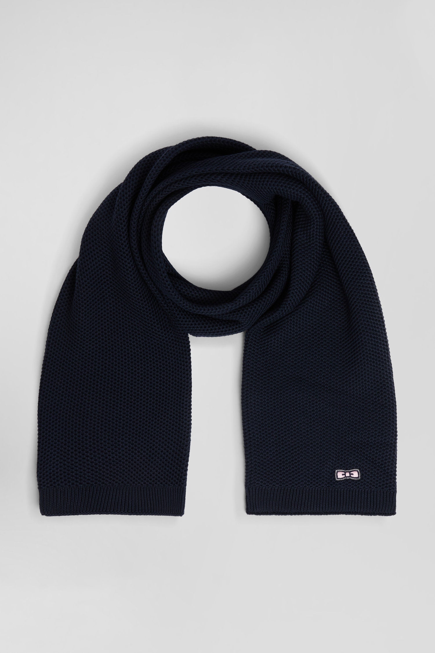 Plain Navy Blue Cotton Scarf with Embroidered Bow Tie_H24ACTEC0019_BLF_02