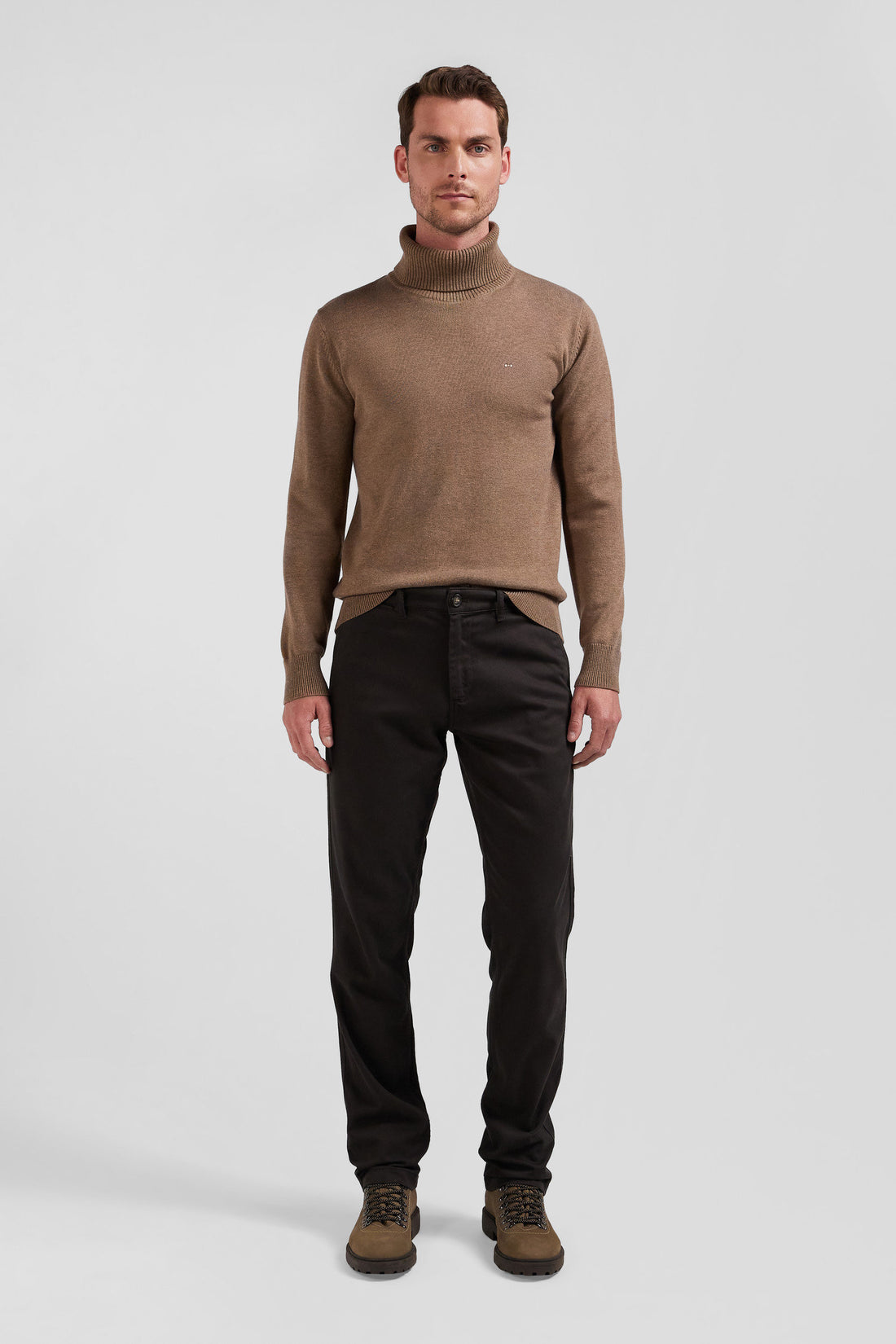 Regular Brown Stretch Cotton PiquŽ and Modal Chino Trousers_H24BAS0C0005_MAF1_02