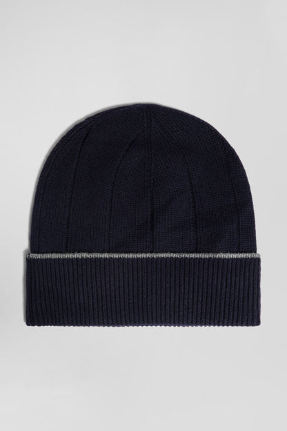 Navy Blue Cotton And Cashmere Beanie With Contrasting Trim_02