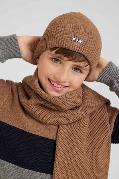 Plain Camel Cotton Beanie With Bow Tie Embroidery_01