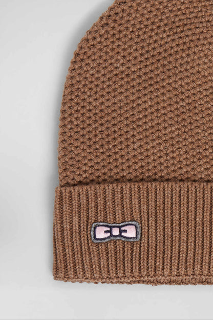 Plain Camel Cotton Beanie With Bow Tie Embroidery_04