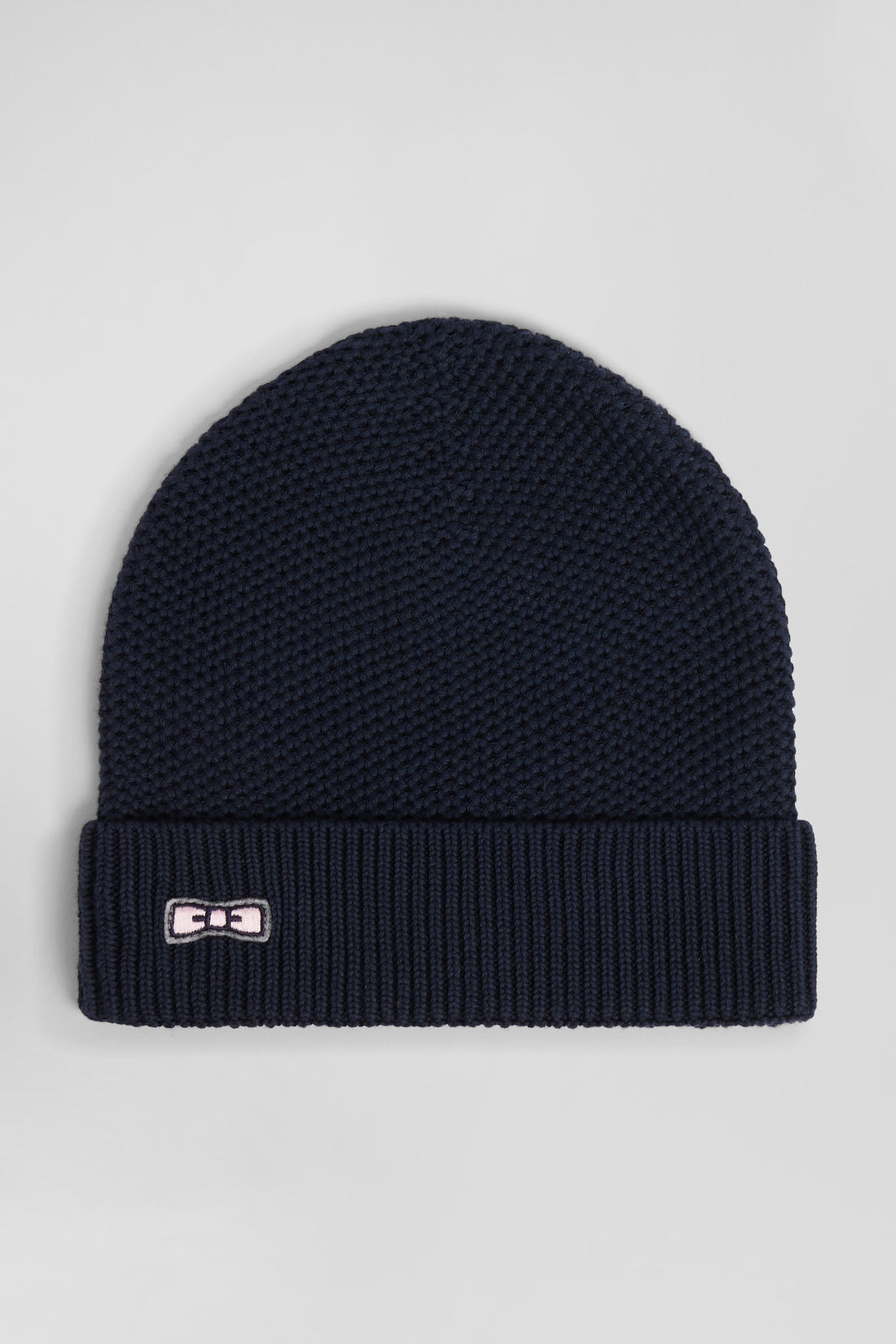 Plain Navy Blue Cotton Beanie With Bow Tie Embroidery_02