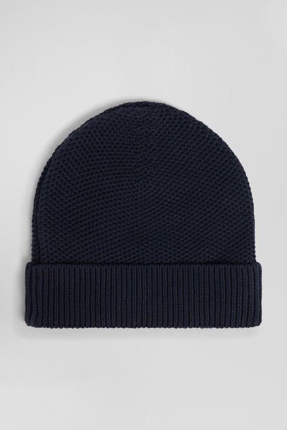 Plain Navy Blue Cotton Beanie With Bow Tie Embroidery_03