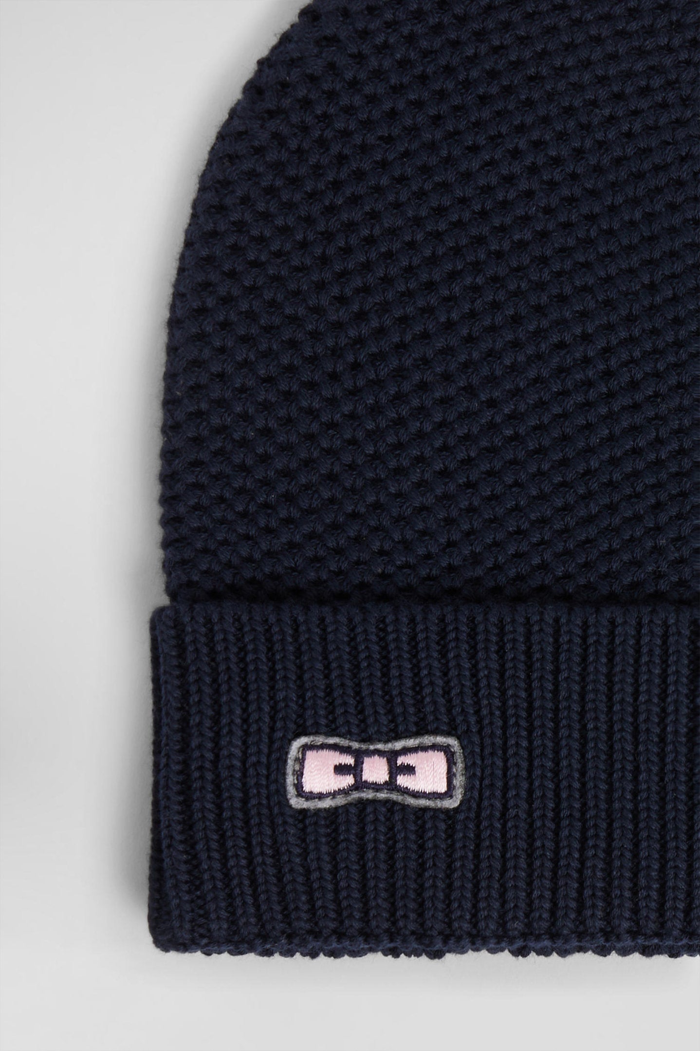 Plain Navy Blue Cotton Beanie With Bow Tie Embroidery_04