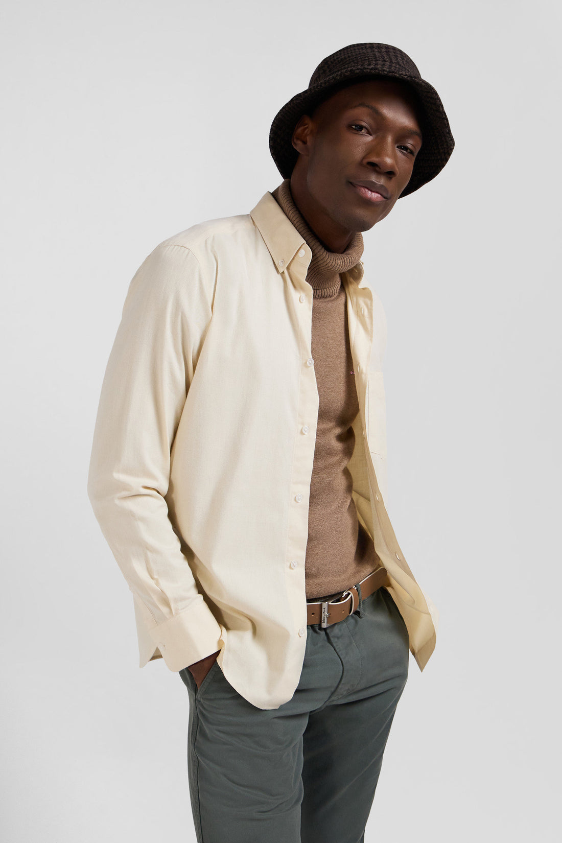 Regular Plain Beige Cotton Twill Shirt with Button-Down Collar_H24CHECL0015_BEC2_01