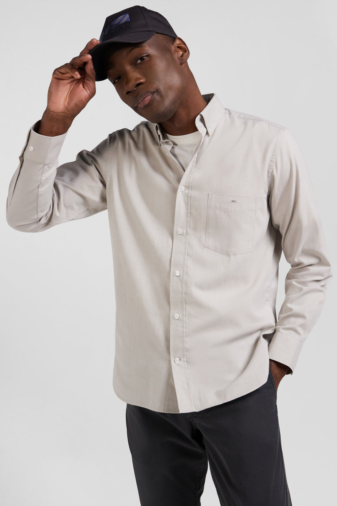 Regular Plain Grey Cotton Twill Shirt With Button-Down Collar_01