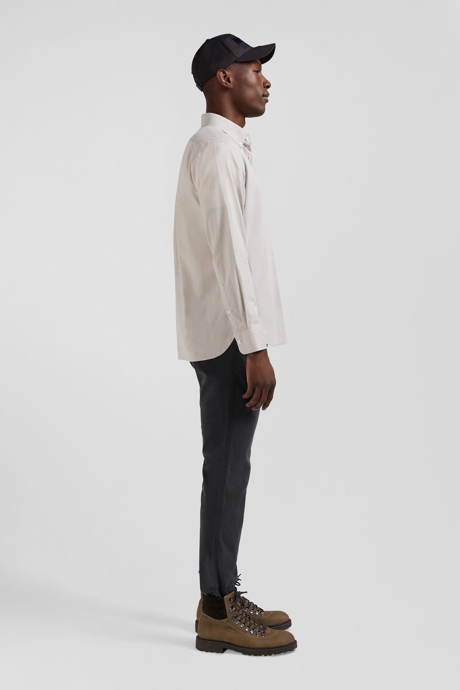 Regular Plain Grey Cotton Twill Shirt With Button-Down Collar_09