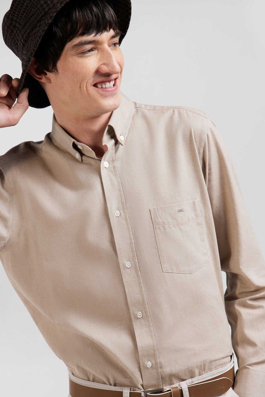 Regular Plain Brown Cotton Twill Shirt With Button-Down Collar_01