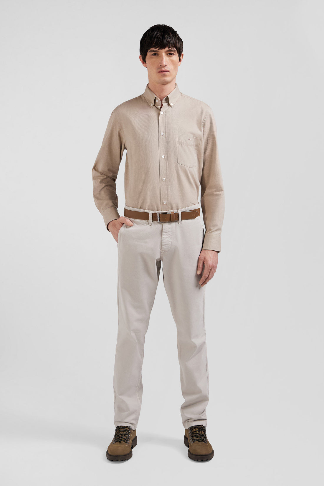 Regular Plain Brown Cotton Twill Shirt With Button-Down Collar_02