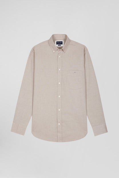 Regular Plain Brown Cotton Twill Shirt With Button-Down Collar_04