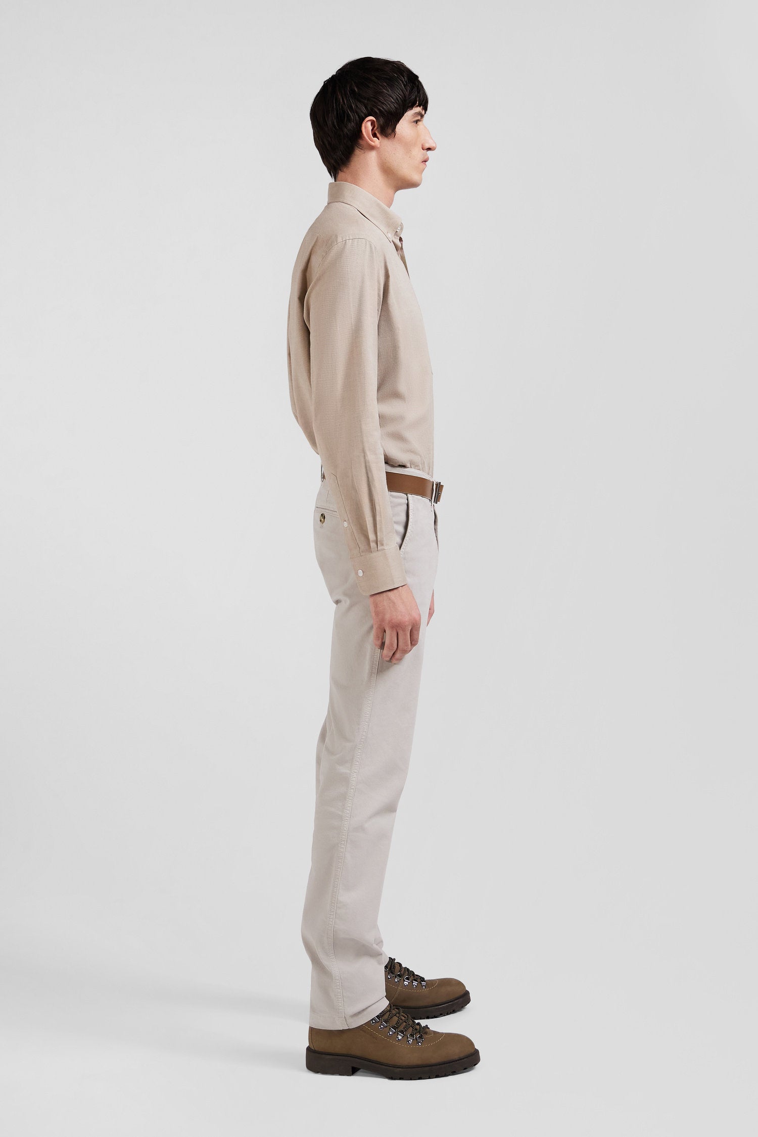 Regular Plain Brown Cotton Twill Shirt With Button-Down Collar_09