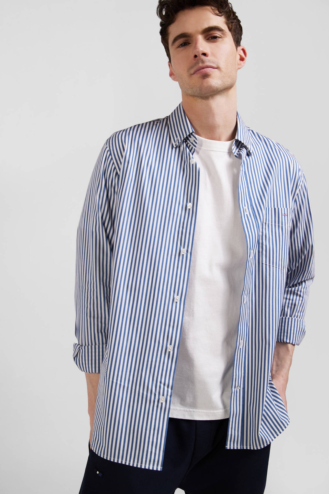 Regular Blue Striped Cotton Poplin Shirt_H24CHECL0016_BLF7_01