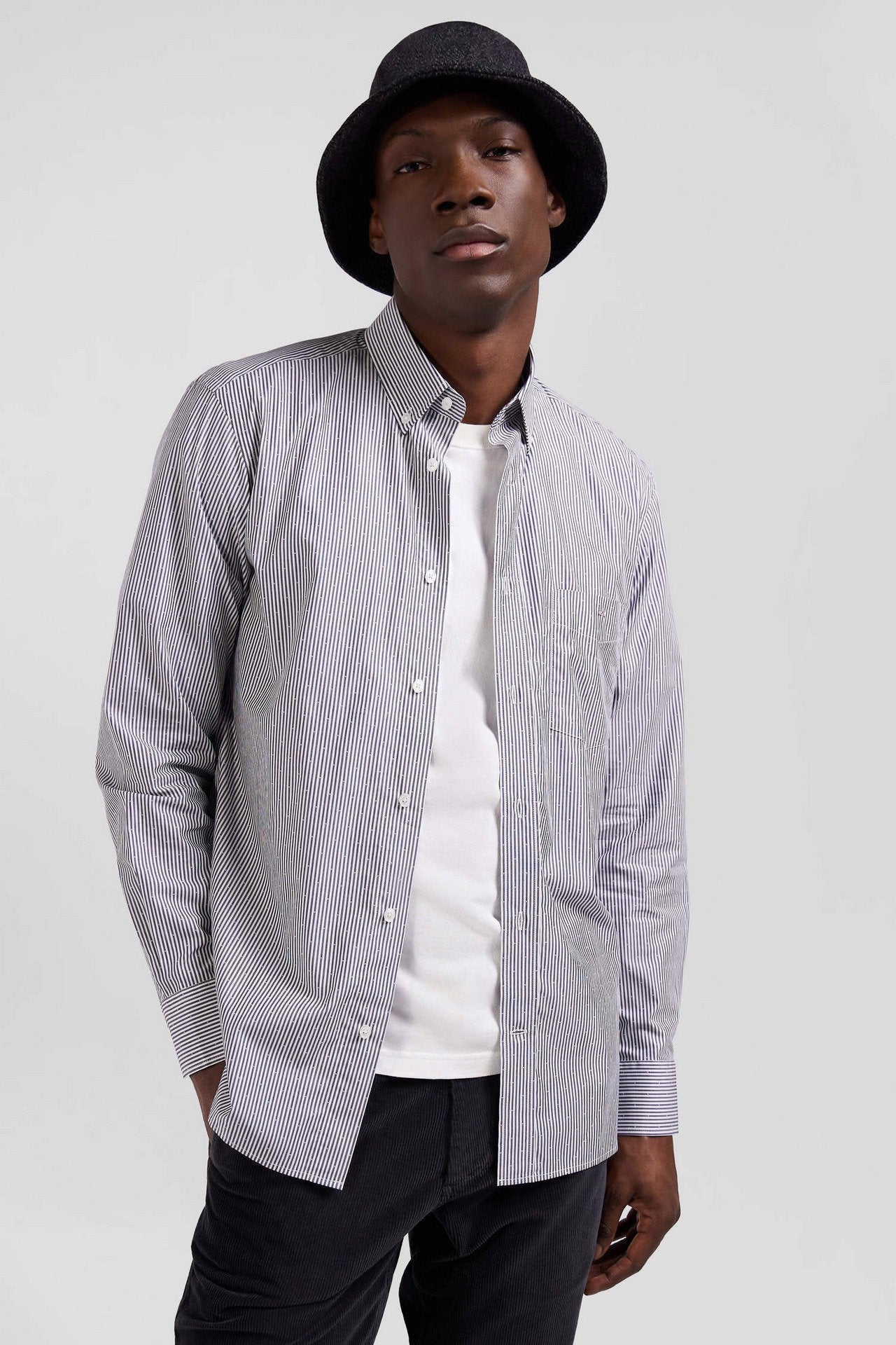 Regular Navy Blue Striped Cotton Jacquard Shirt_01