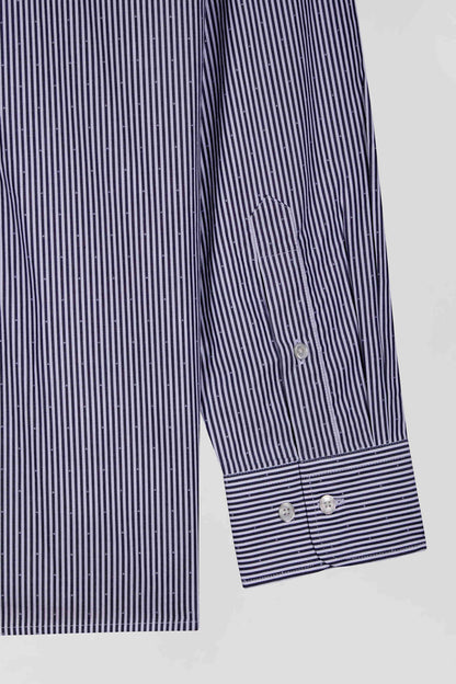 Regular Navy Blue Striped Cotton Jacquard Shirt_07