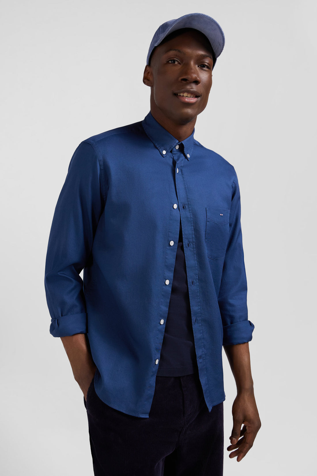 Regular Plain Blue PiquŽ Cotton Shirt_H24CHECL0034_BLF7_01