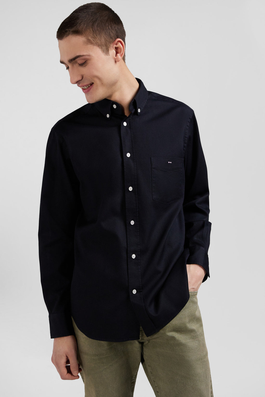 Regular Plain Black PiquŽ Cotton Shirt_H24CHECL0034_NO_01