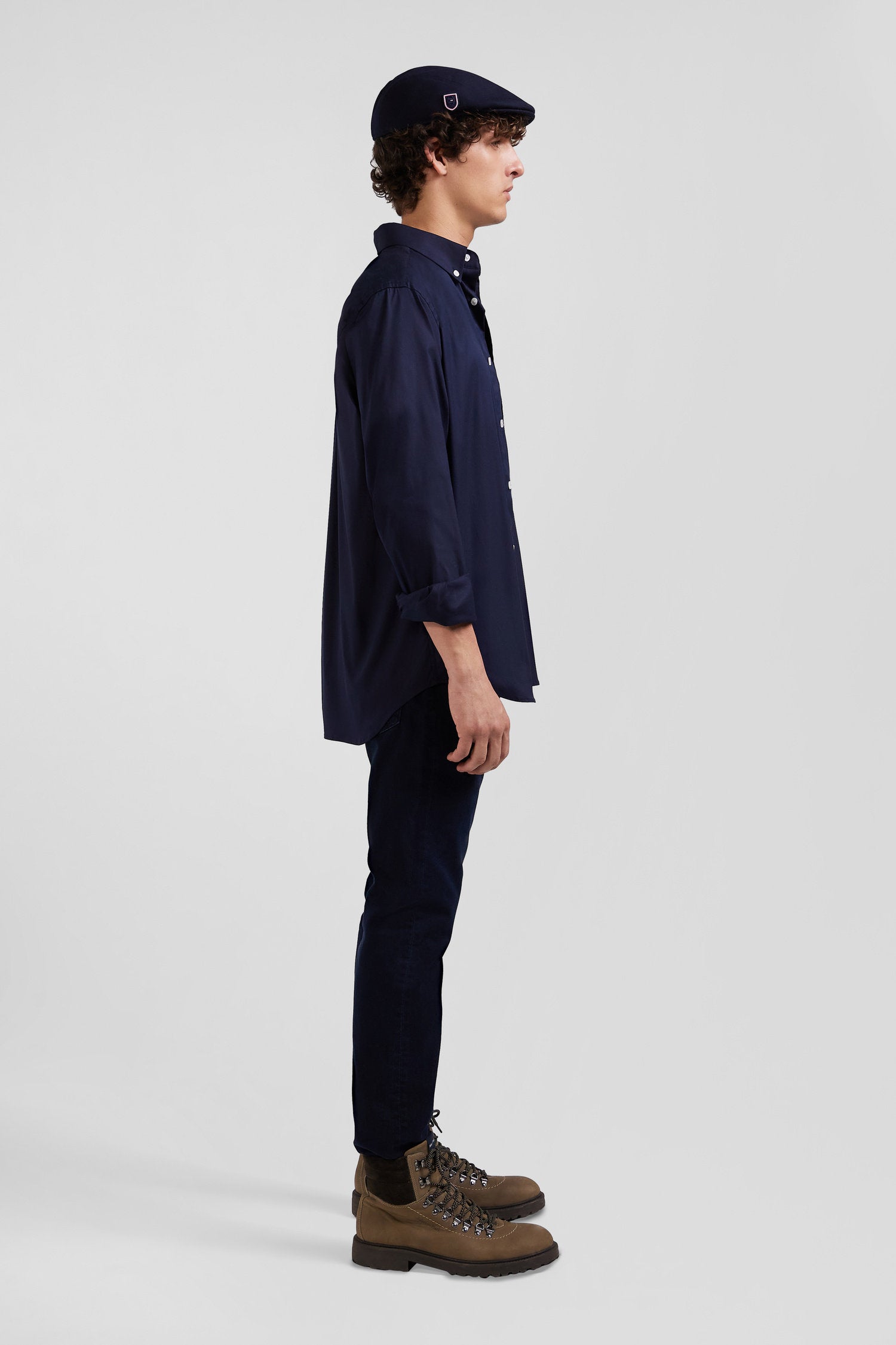 Regular Plain Navy Blue Mixed Stretch Cotton Shirt_10