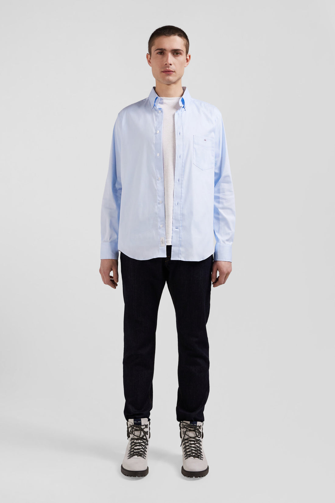 Regular Plain Sky Blue Mixed Stretch Cotton Shirt_02