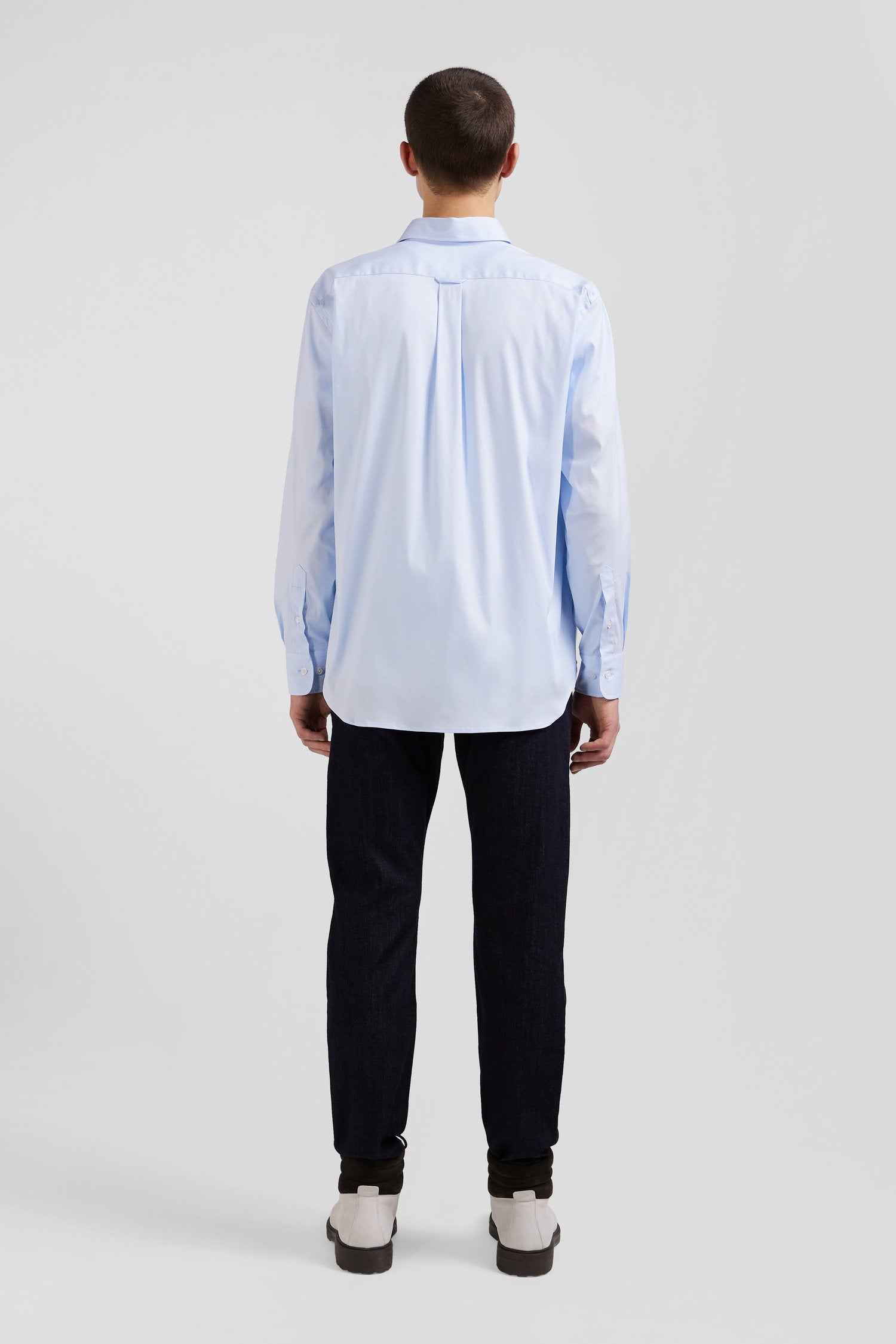 Regular Plain Sky Blue Mixed Stretch Cotton Shirt_03