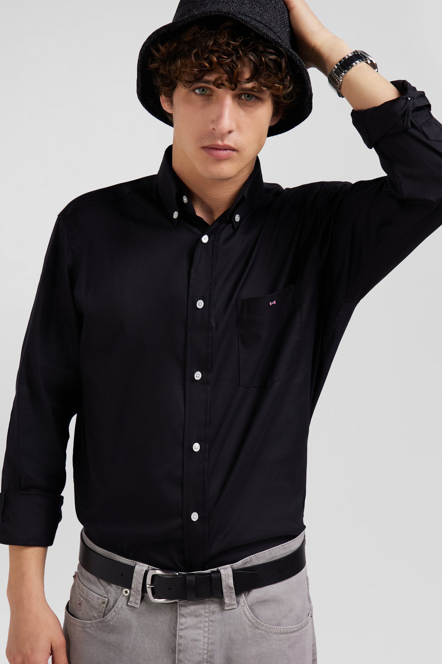 Regular Plain Black Mixed Stretch Cotton Shirt_01