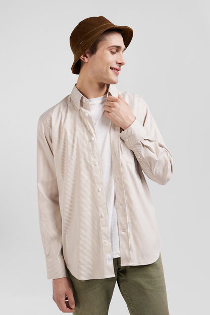 Regular Beige Cotton Poplin Shirt with Baton Stripes_H24CHECL0052_BEC_01