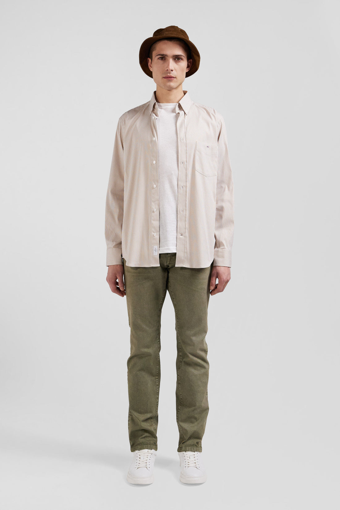 Regular Beige Cotton Poplin Shirt with Baton Stripes_H24CHECL0052_BEC_02