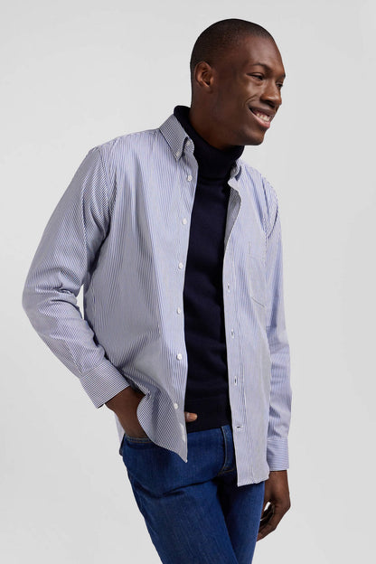 Regular Navy Blue Cotton Poplin Shirt with Baton Stripes_H24CHECL0052_BLF26_01