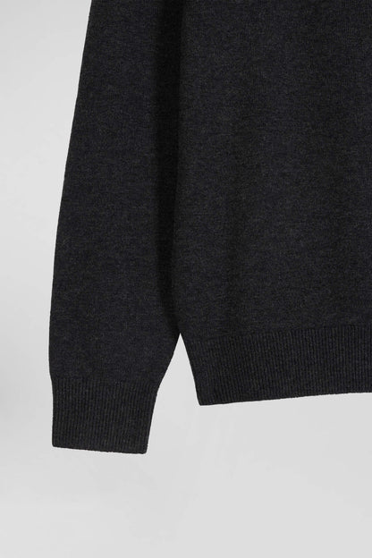 Regular Anthracite Grey Plain Wool And Cotton Zipped Cardigan_08